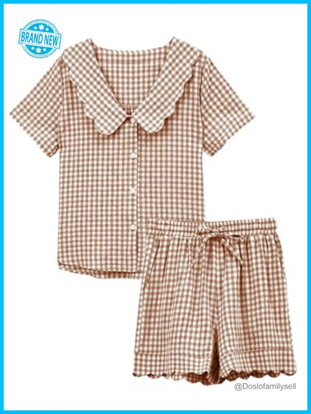 Women's Plaid 2 Piece Pajama Set Short Sleeve Babydoll Shirt & Shorts Cotton